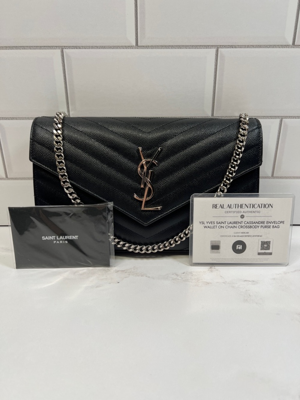 YSL Yves Saint Laurent Cassandre Envelope Wallet on Chain Crossbody Purse Bag